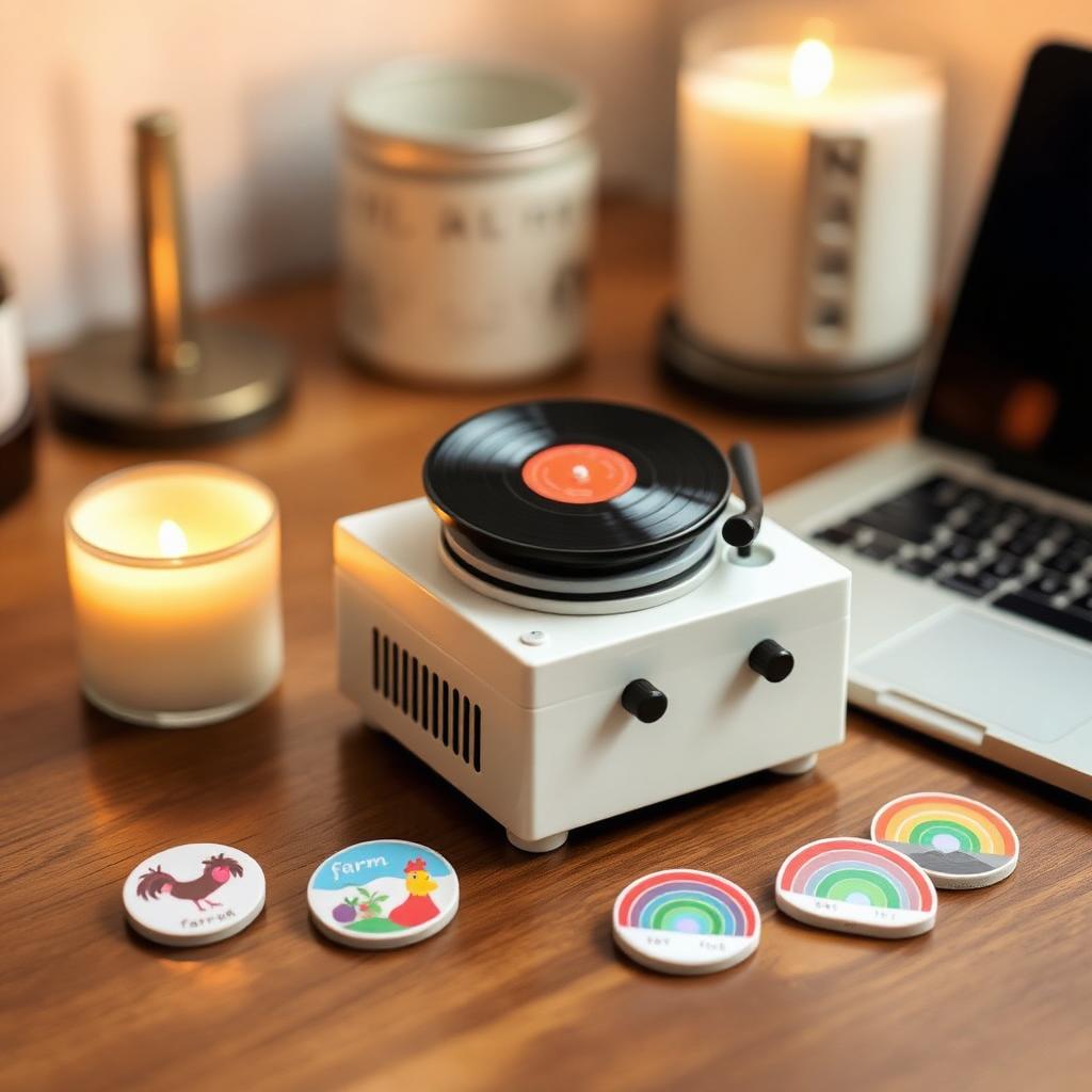 The full set: mini vinyl player, nine pixel-art discs, cable and guide